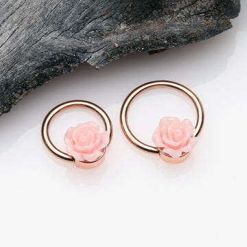 Detail View 1 of Rose Gold Dainty Rose Blossom Steel Captive Bead Ring-Pink